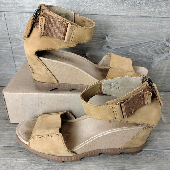 Sorel Joanie II Sandals Womens 9 Brown Leather High Ankle Strap Zip Chunky Wedge - Picture 1 of 12